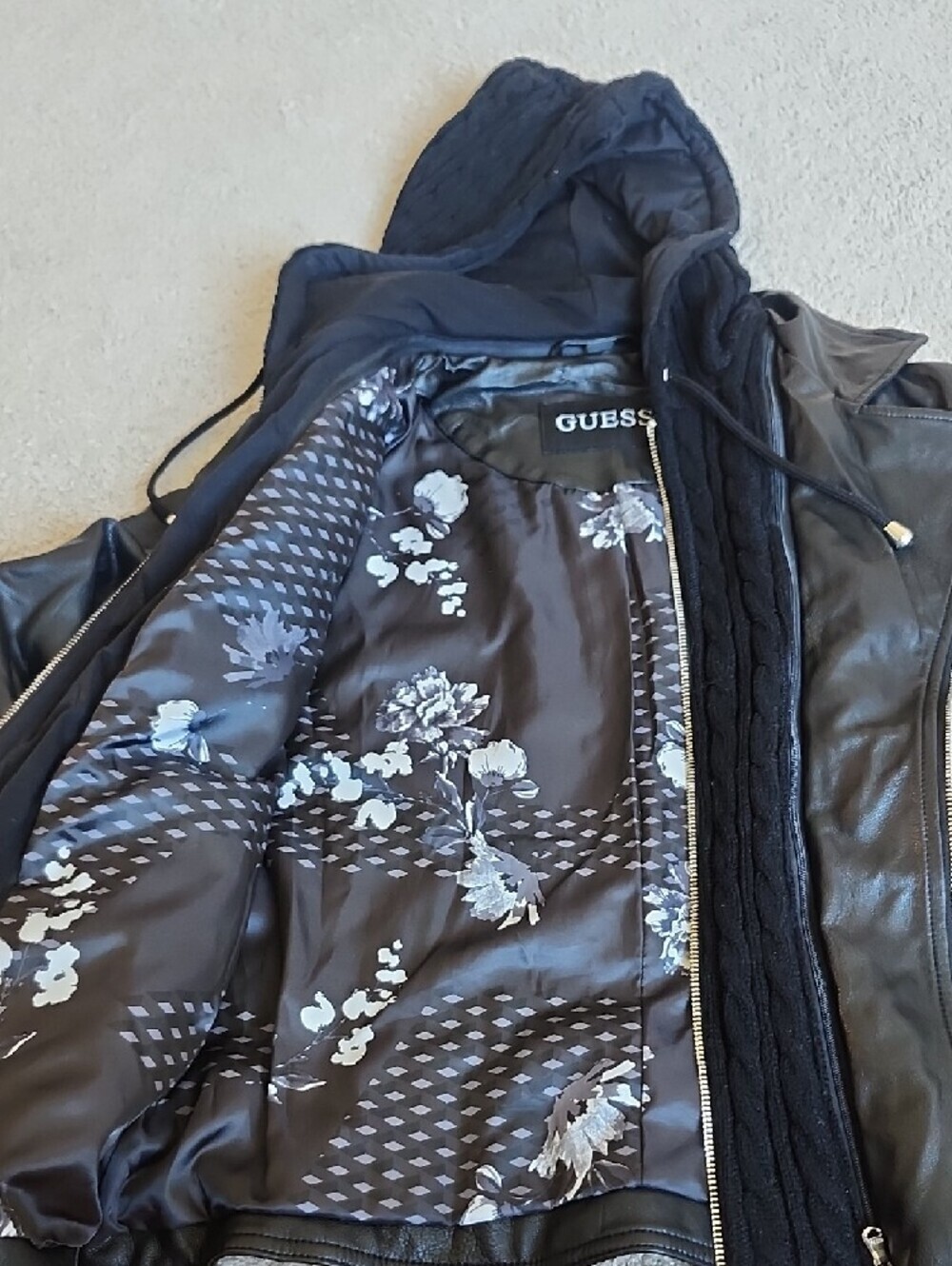 Guess Black Faux Leather Hooded Jacket with Quilted Panels - Picture 4 of 13